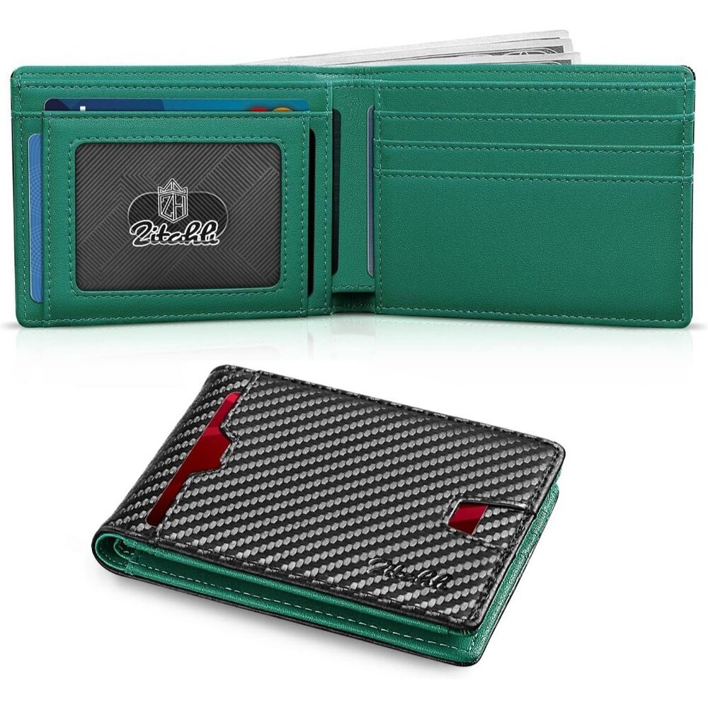 Men's Black Green Premium Vegan Leather Wallet Slim Blocking Credit Card Design
